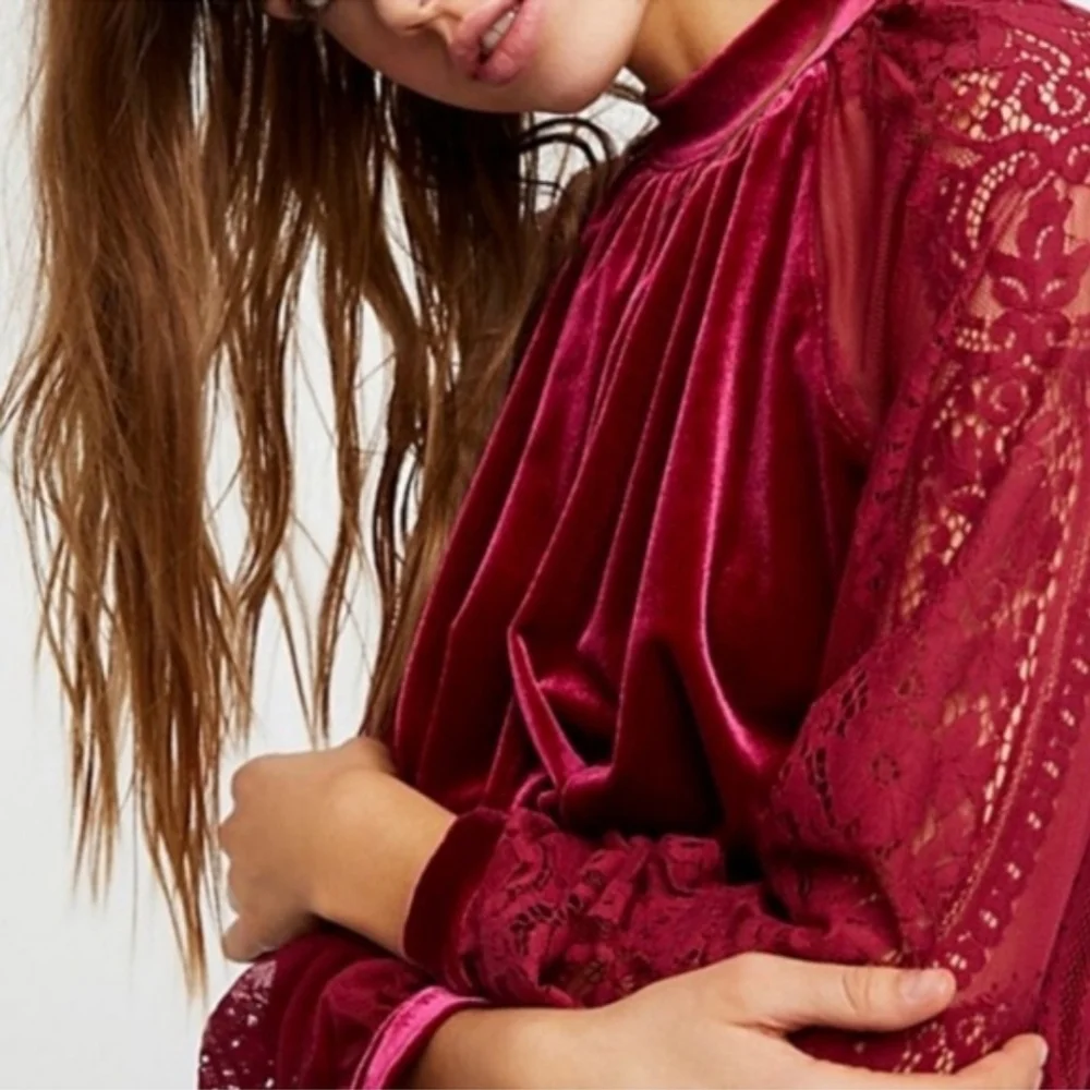 Free People Dream Team Red Velvet Lace Top Small Raspberry Small Whimsigoth